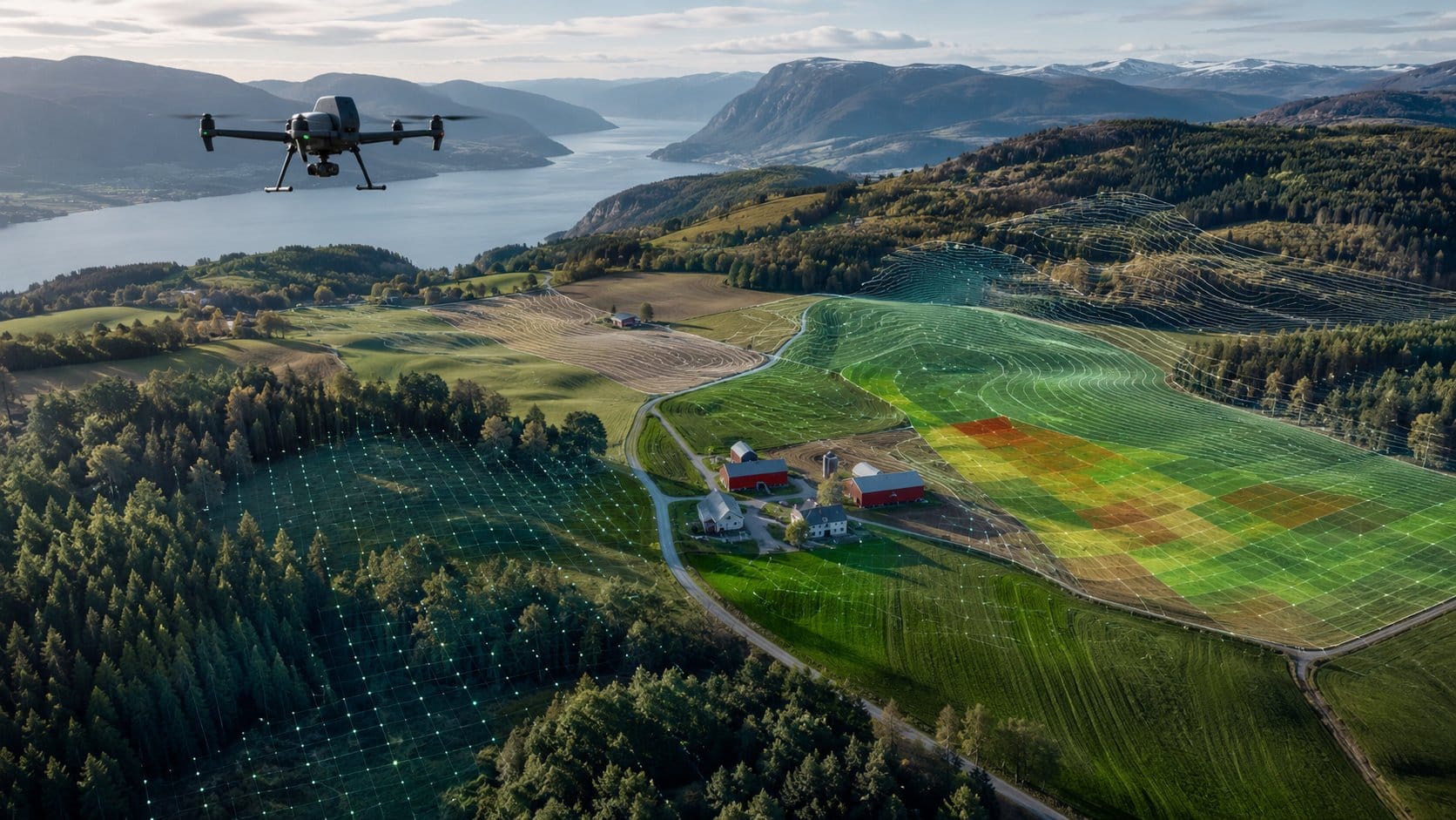 Landbrukseiendom i norsk fjordlandskap kartlagt med drone