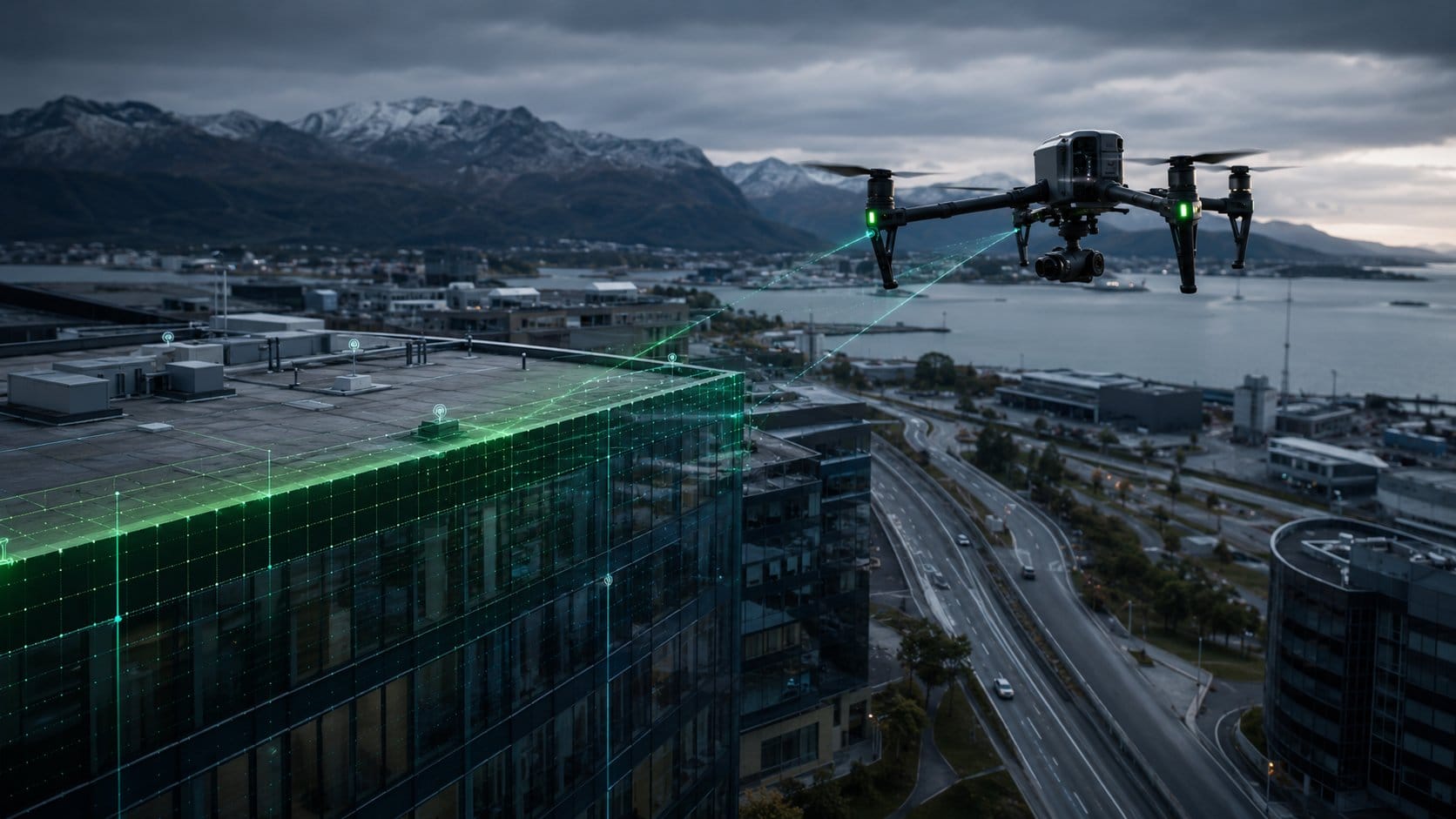 Drone som inspiserer fasade på næringsbygg med digital overlay