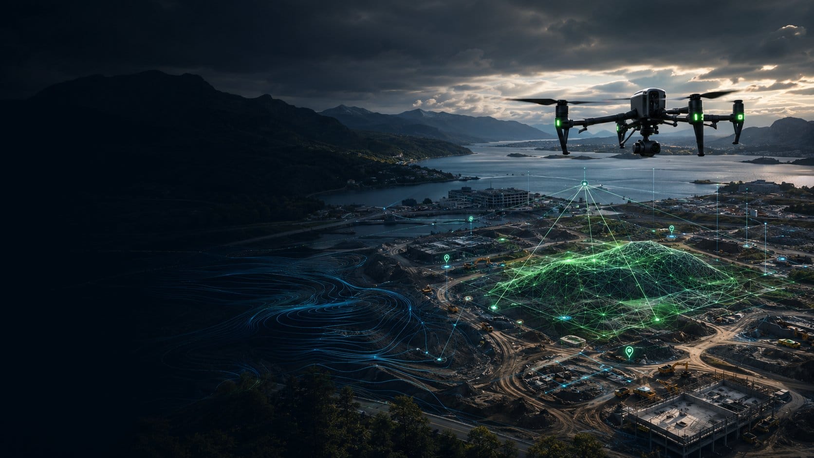 Profesjonell drone som kartlegger anleggsområde og kystby i Norge med grønn 3D mesh og blå konturdata