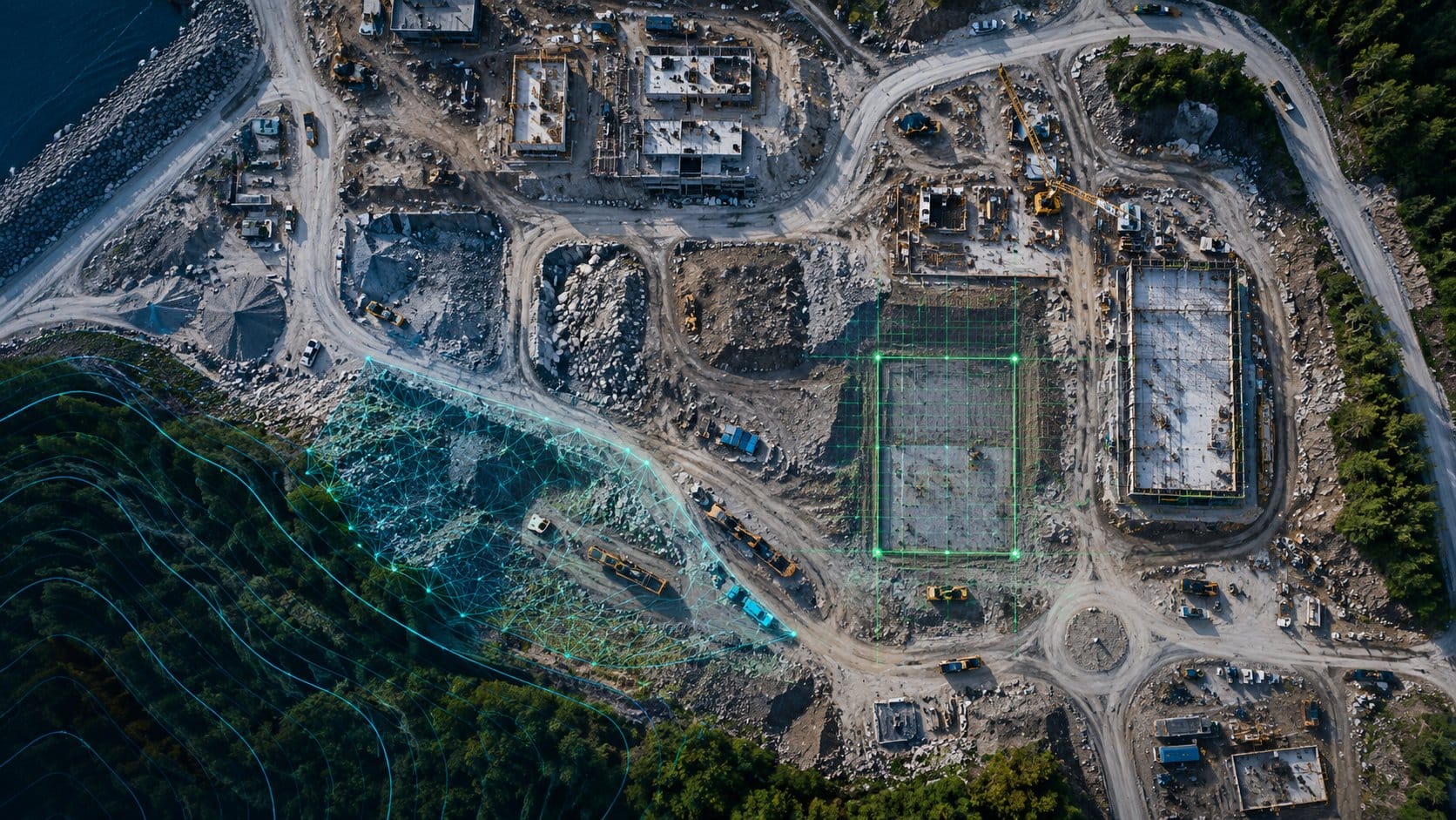 Ortofoto av anleggsområde fra drone med målestokkriktig fremstilling