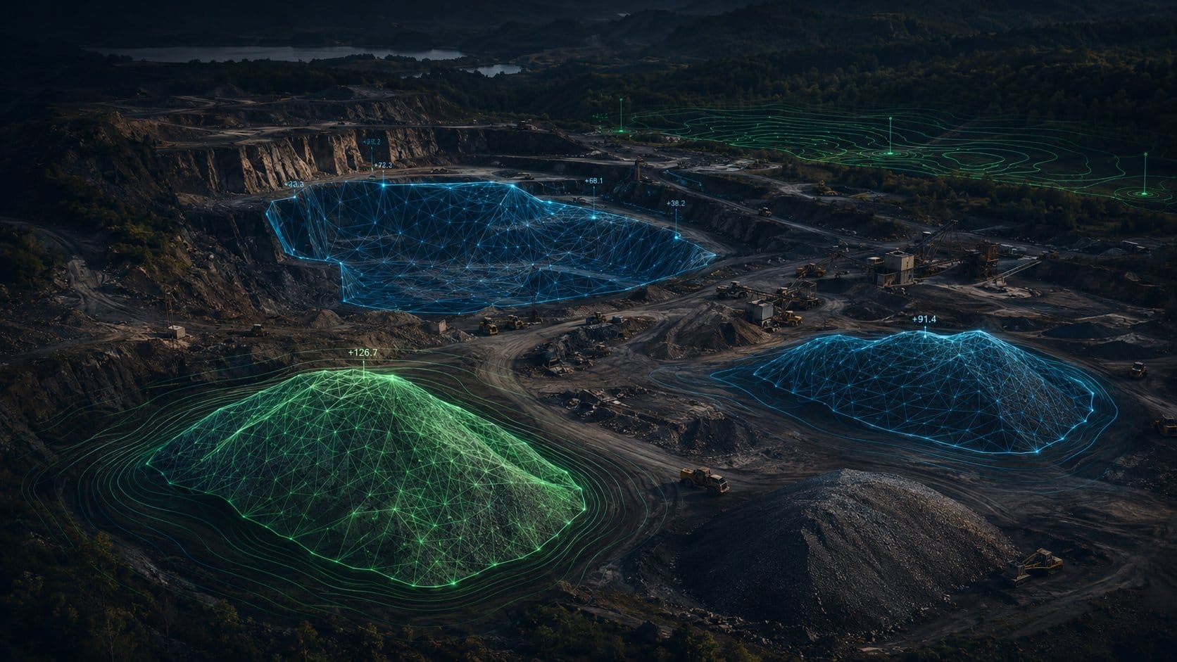 Masseberegning i pukkverk med 3D overlay som viser volum og høyder
